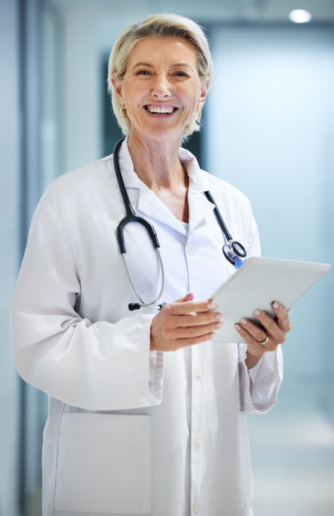 Healthcare, doctor and portrait of woman on tablet in hospital for wellness, medical care and suppo