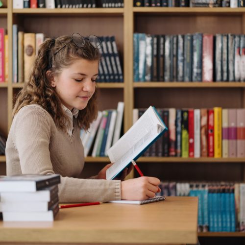 Girl studying among books sitting at the desk among books